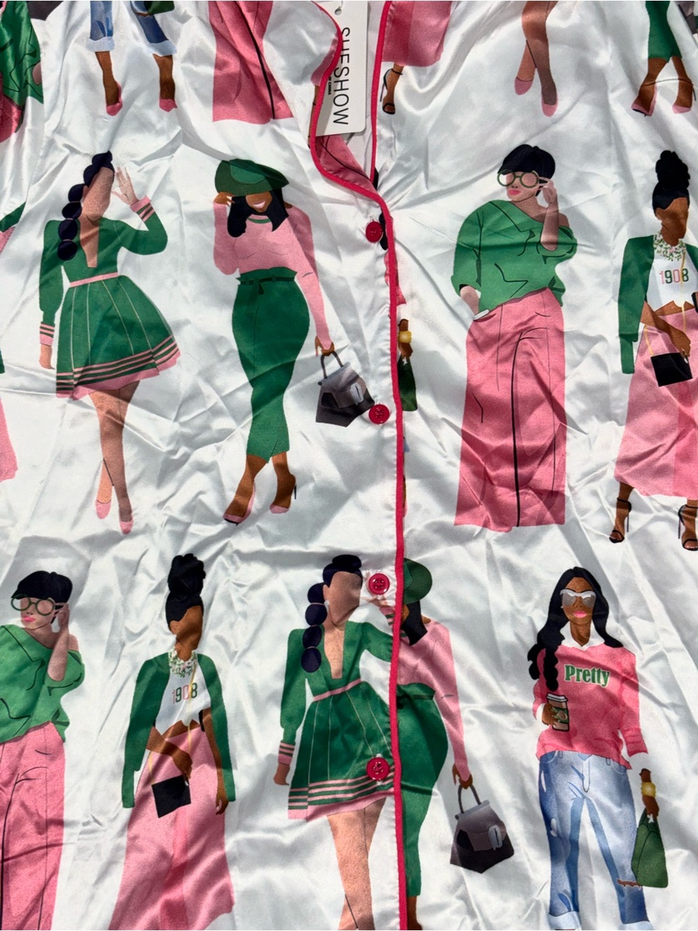 SHESHOW Women’s Satin Pajama Set Size M Fashion Print Pink Green NWT - Picture 4 of 5